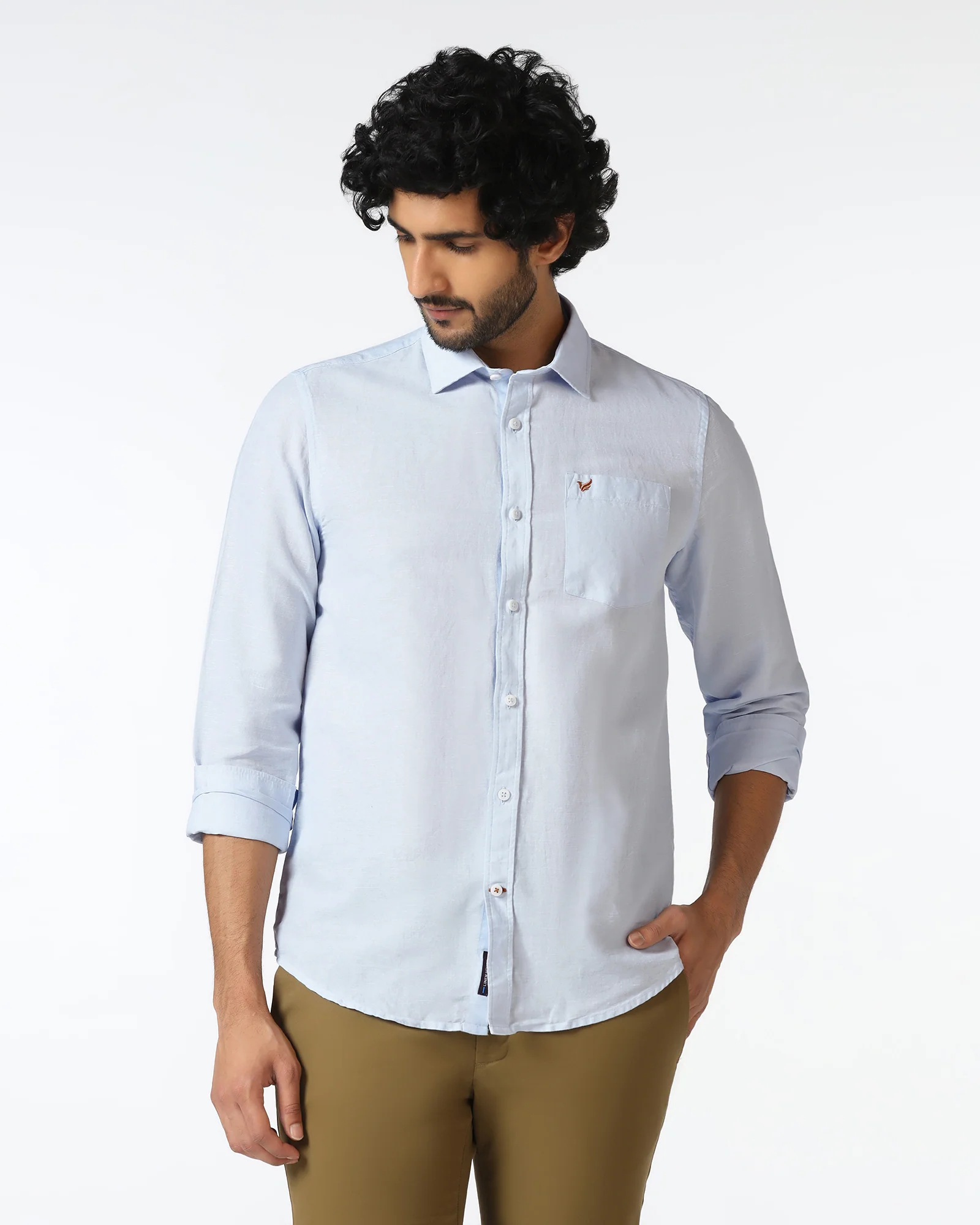 Sky Blue Linen Solid Shirt - Salmon - Image 8