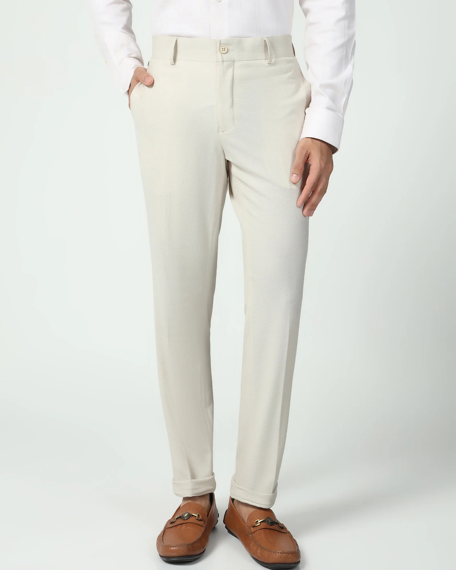 Slim Comfort B-95 Formal Beige Textured Trouser - Veneta - Image 3