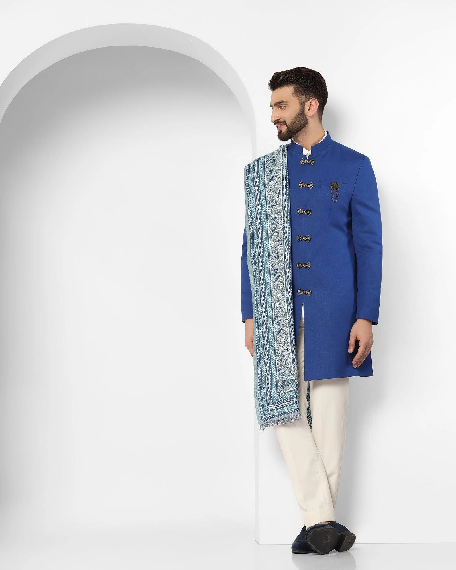 Royal Blue Swarn Solid Achkan Set - Tentor - Image 7