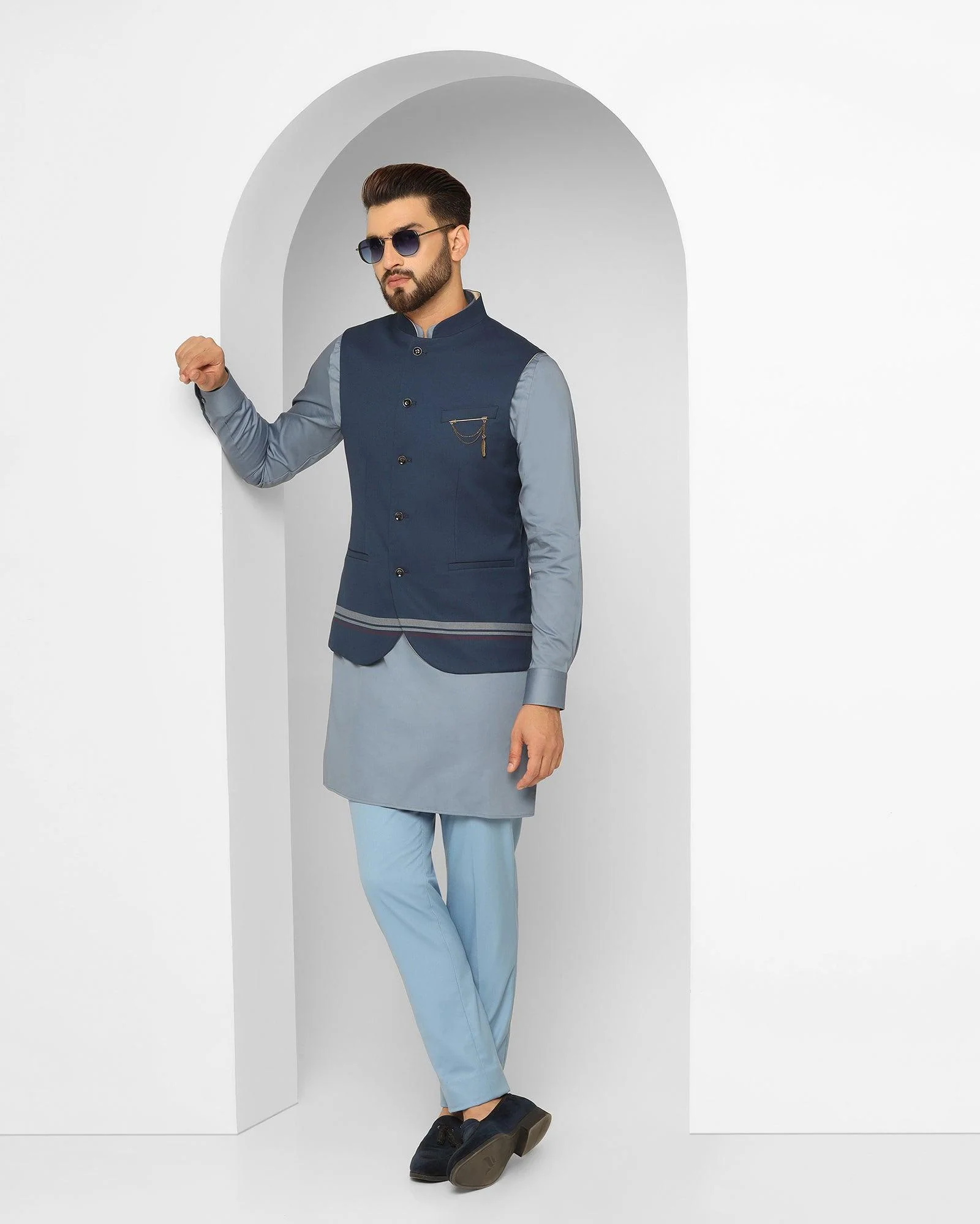 Navy Swarn Solid Achkan Set - Enola - Image 9