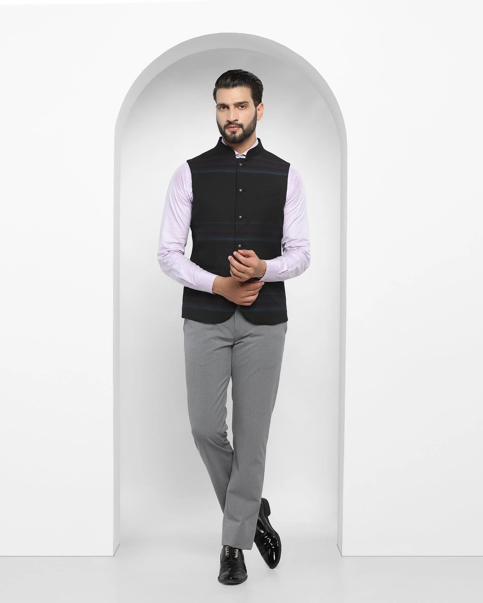 Bandhgala Formal Black Striped Waistcoat - Ariana - Image 3