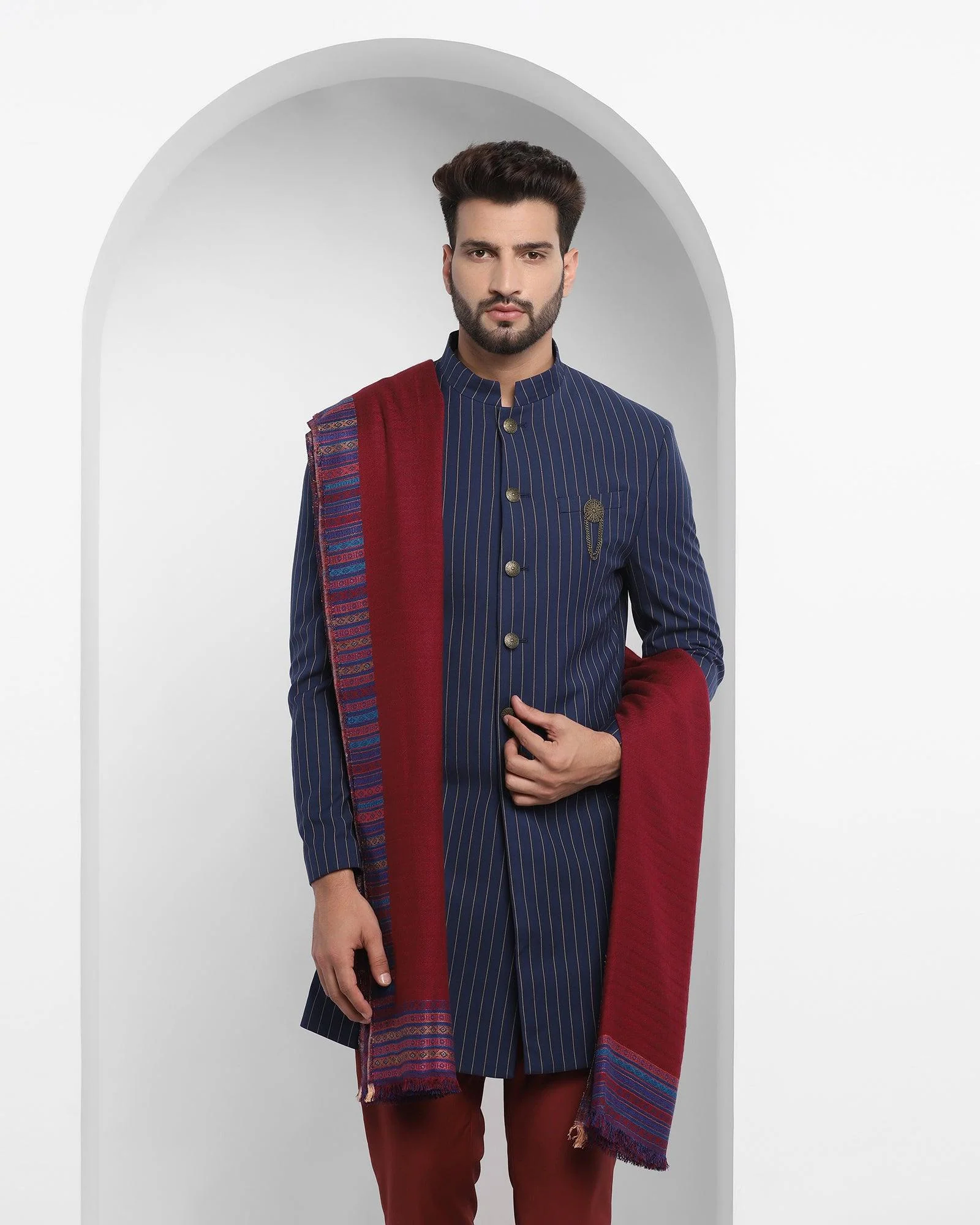Navy Swarn Stripe Achkan Set - Emeral - Image 7