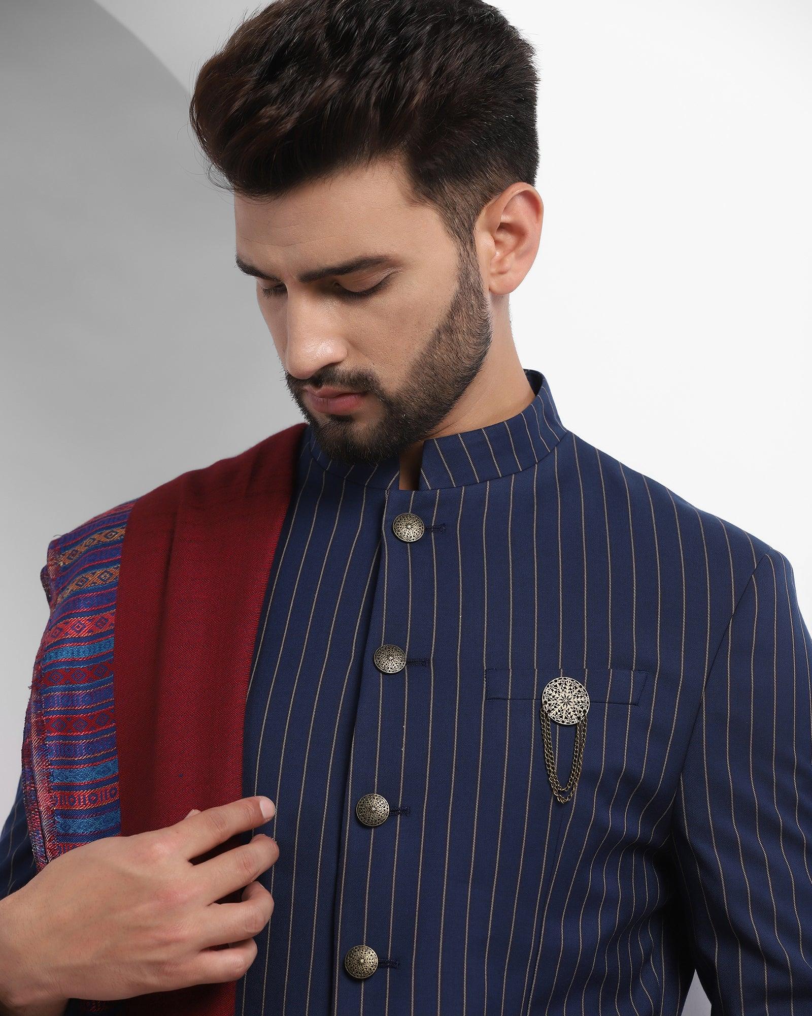 Navy Swarn Stripe Achkan Set - Emeral - Image 8