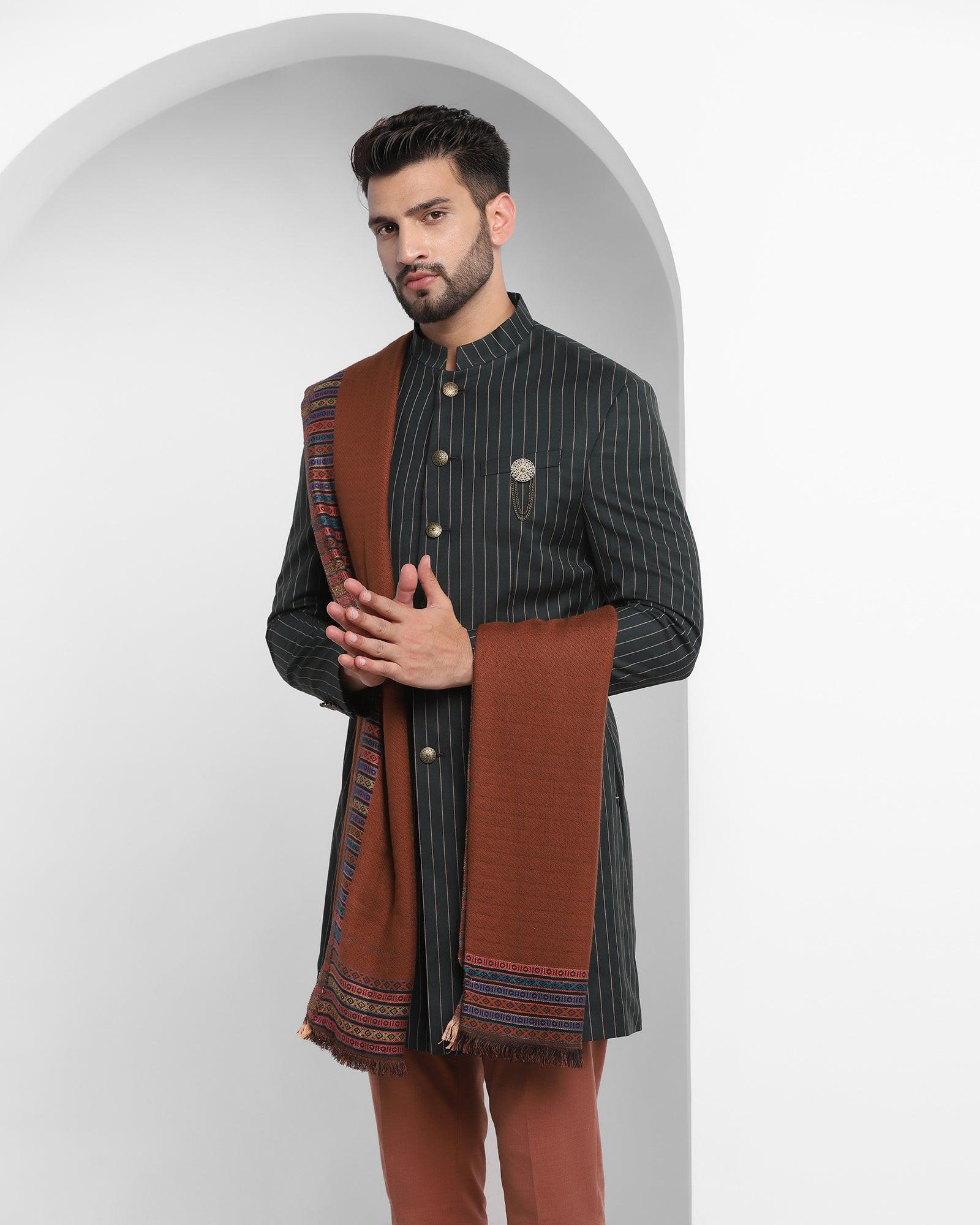 Olive Swarn Stripe Achkan Set - Emeral - Image 3