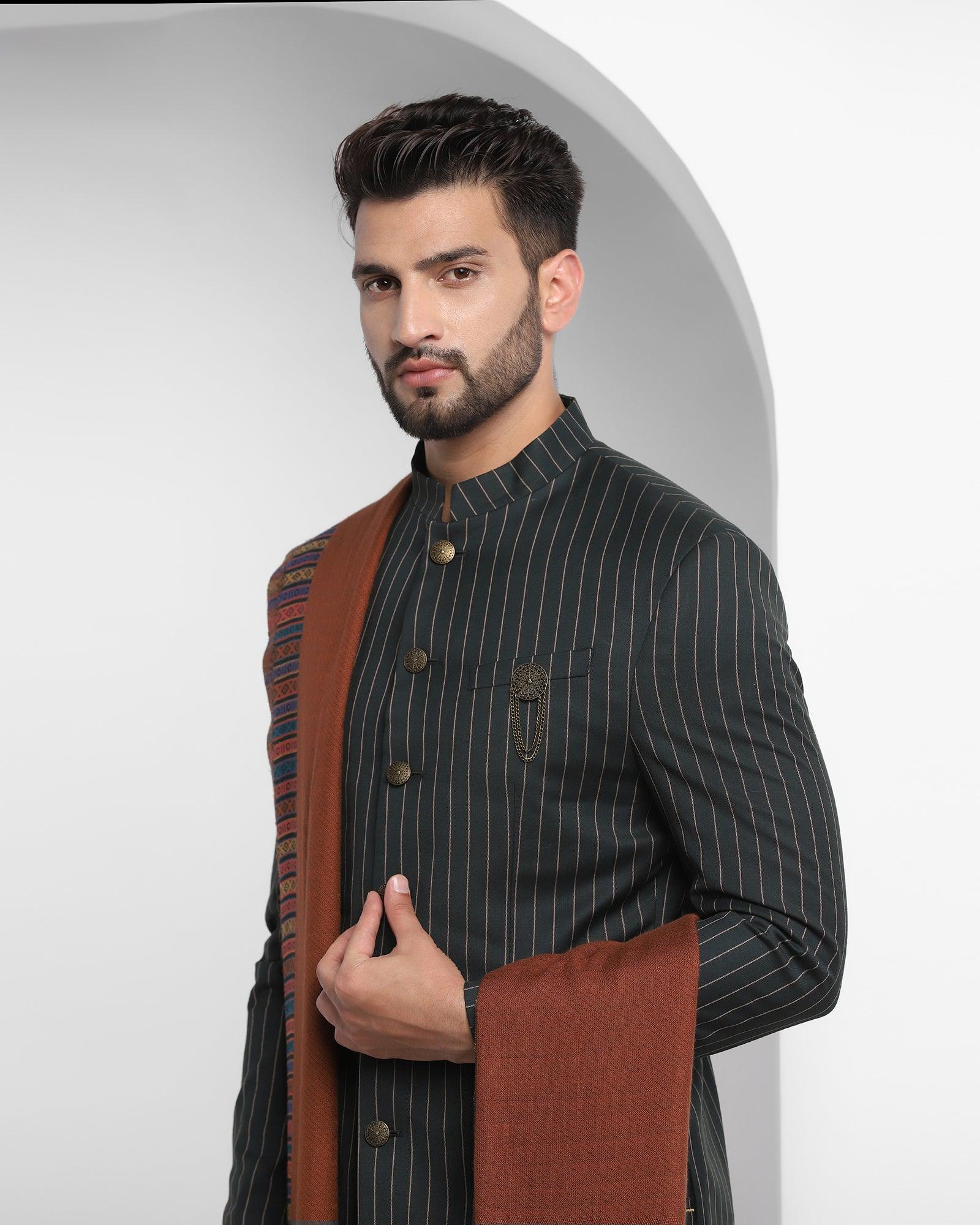 Olive Swarn Stripe Achkan Set - Emeral - Image 4