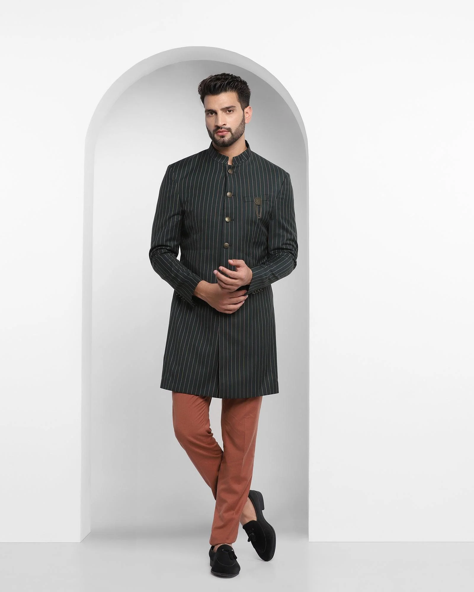 Olive Swarn Stripe Achkan Set - Emeral - Image 6