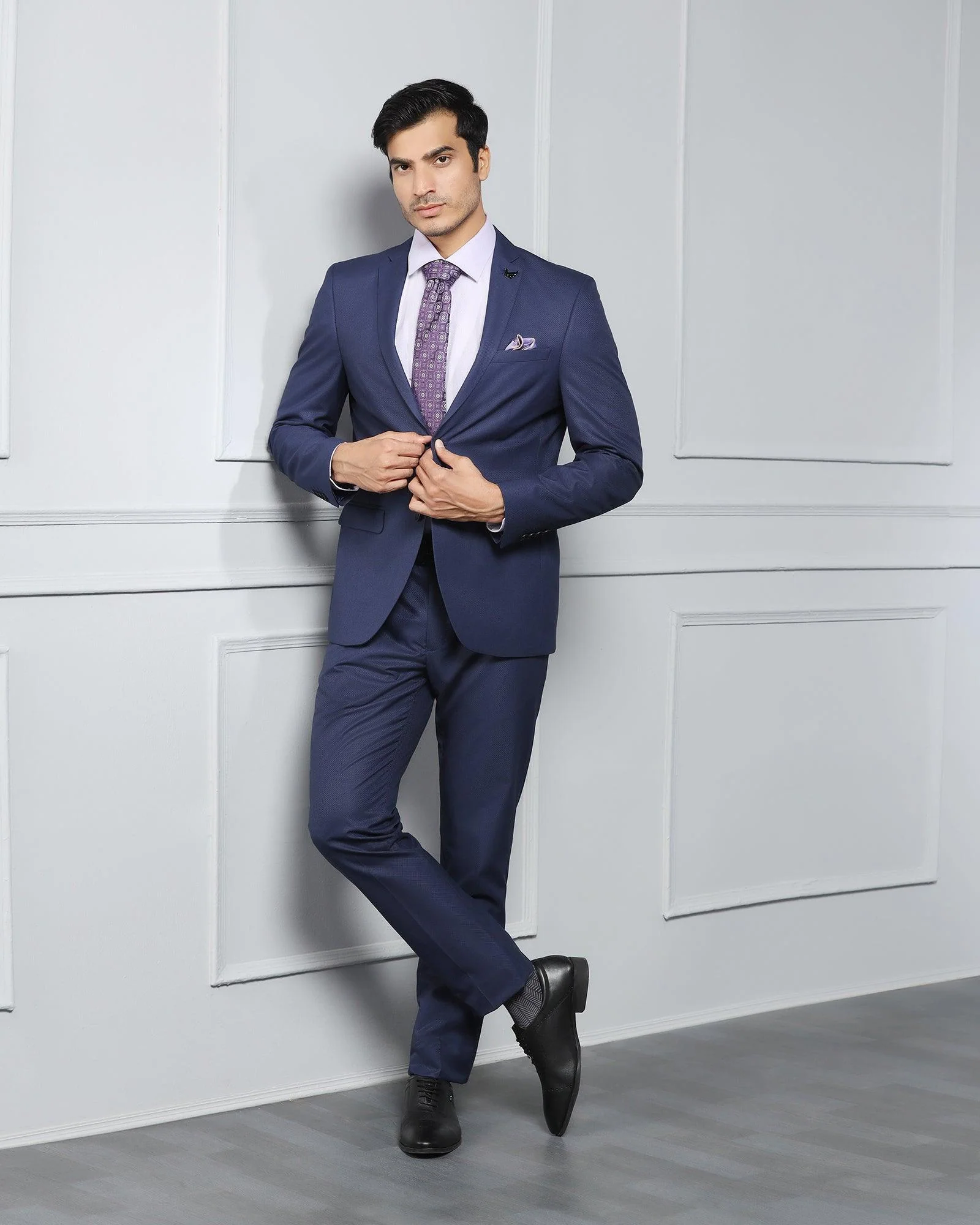 Two Piece Navy Textured Formal Suit - Valcon - Image 3