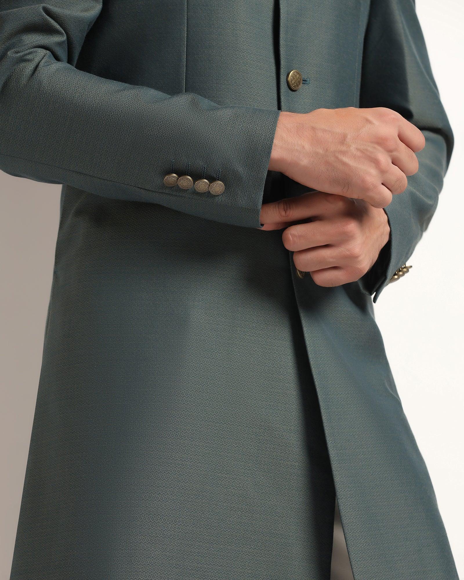 Dark Green Swarn Textured Achkan Set - Dimitri - Image 5