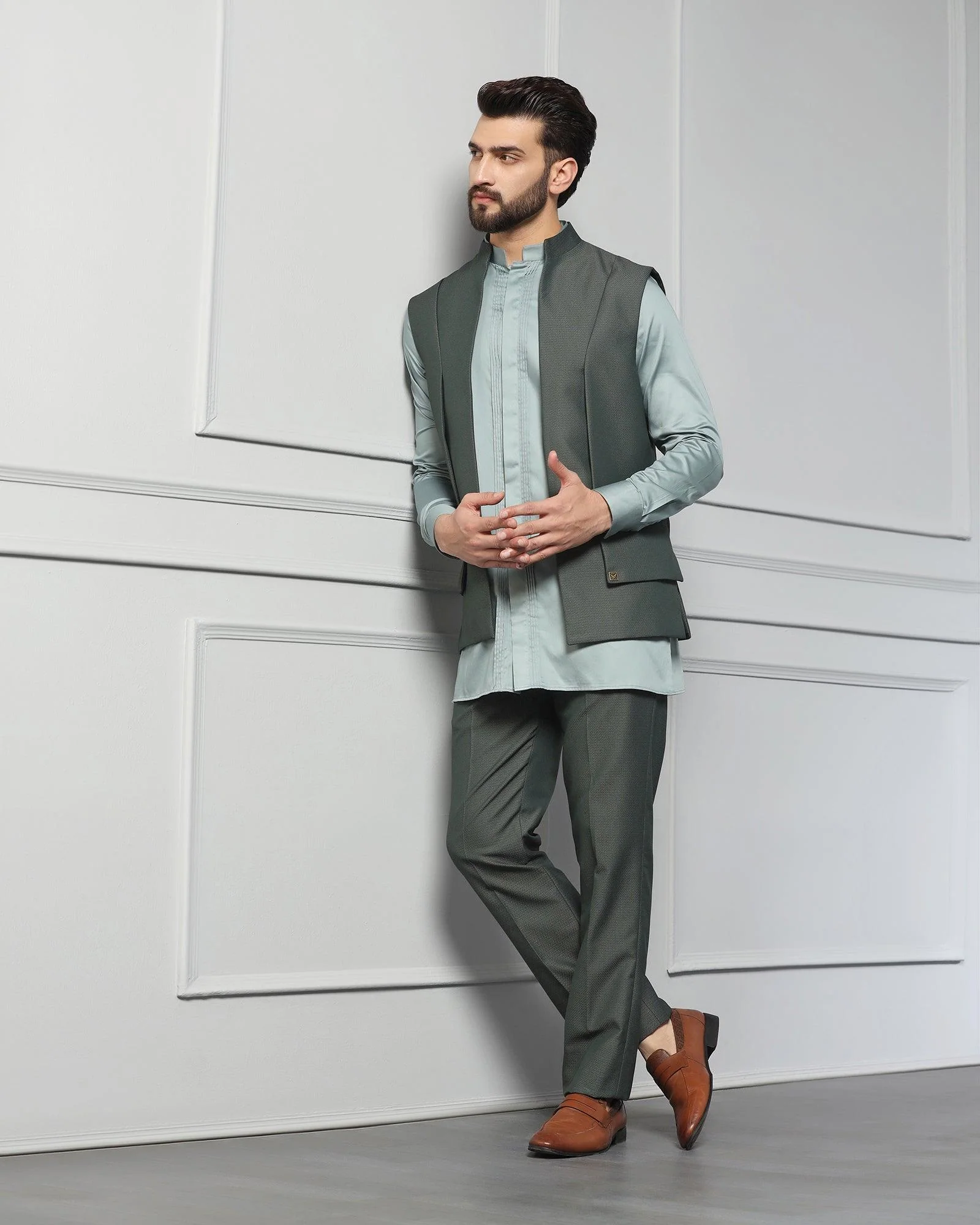 Dark Green Swarn Textured Achkan Set - Wallhala - Image 6