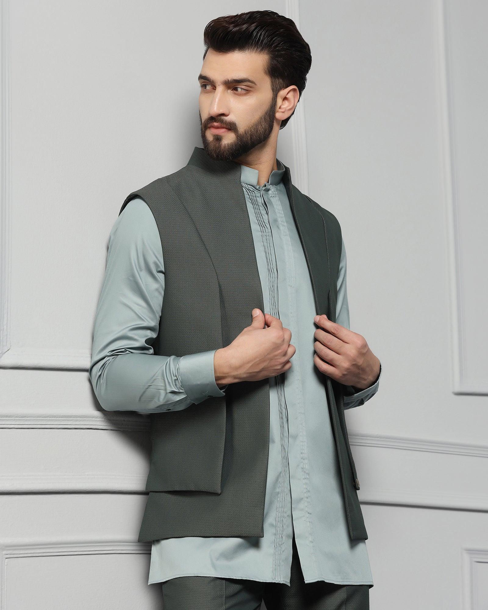 Dark Green Swarn Textured Achkan Set - Wallhala - Image 7