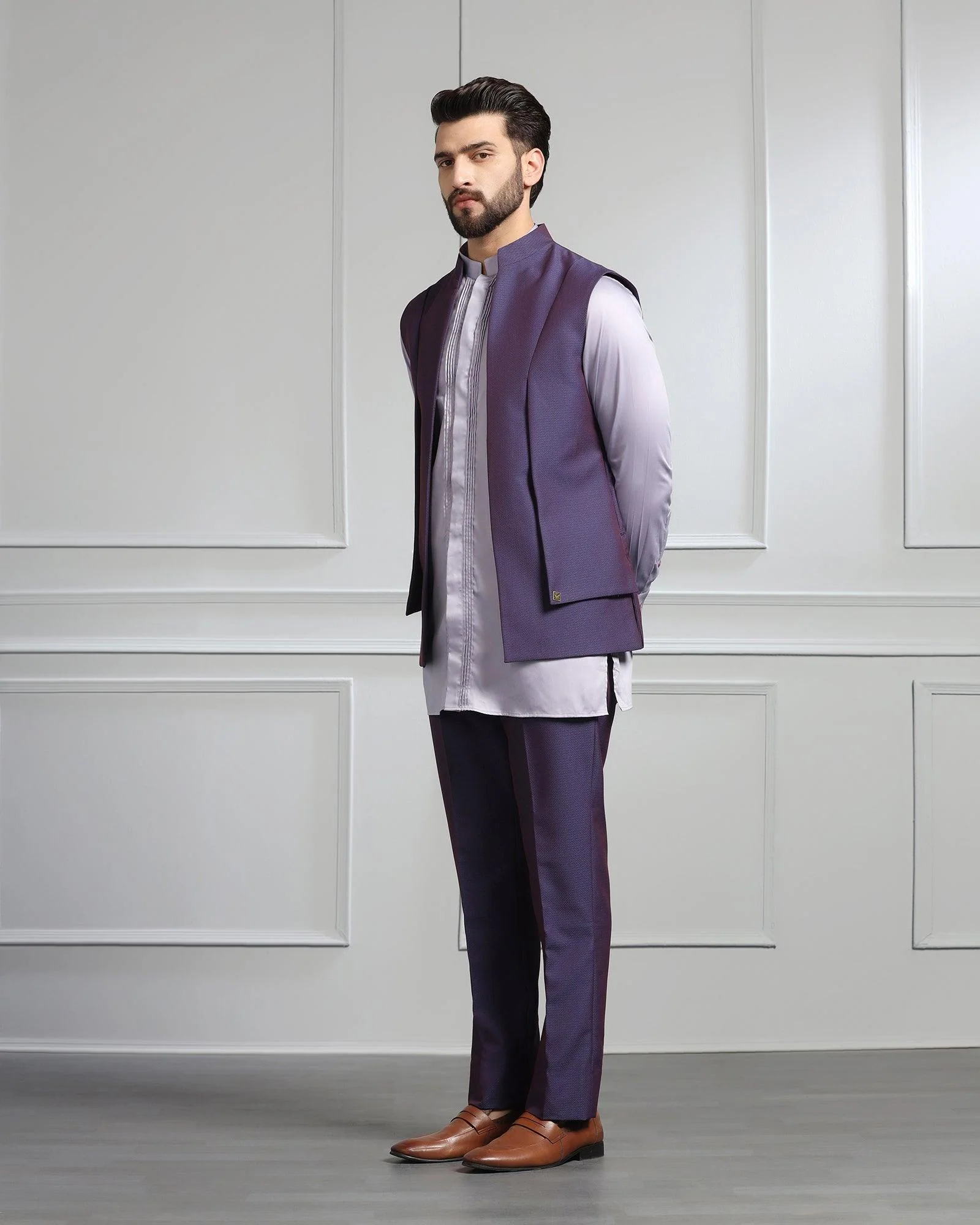 Dark Purple Swarn Textured Achkan Set - Wallhala - Image 3