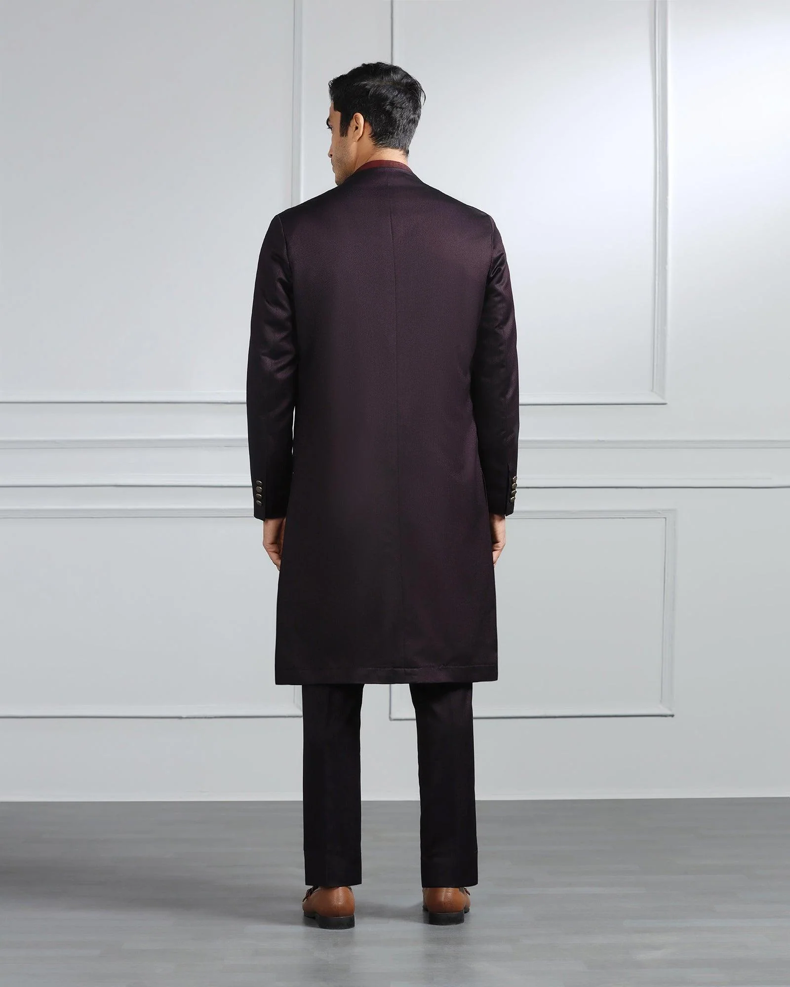 Wine Swarn Textured Achkan Set - Stapol - Image 3