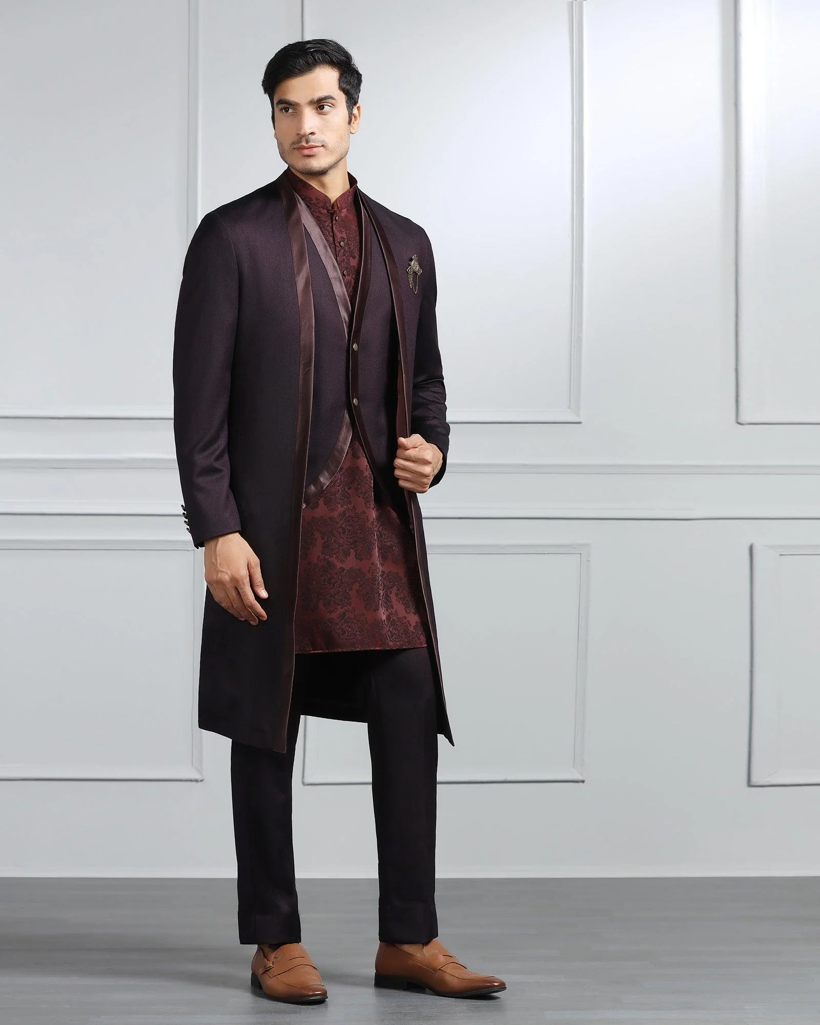 Wine Swarn Textured Achkan Set - Stapol - Image 4