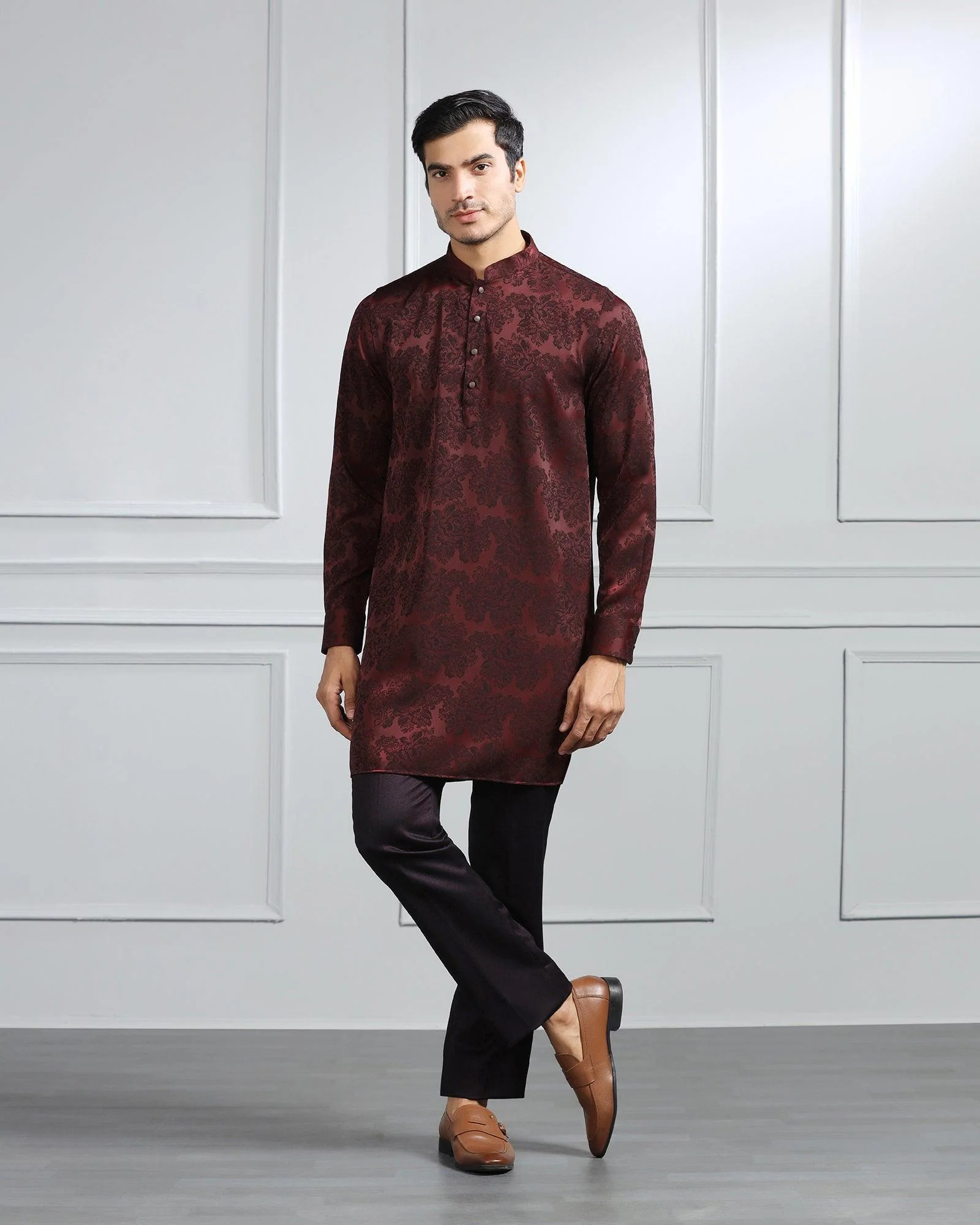 Wine Swarn Textured Achkan Set - Stapol - Image 7