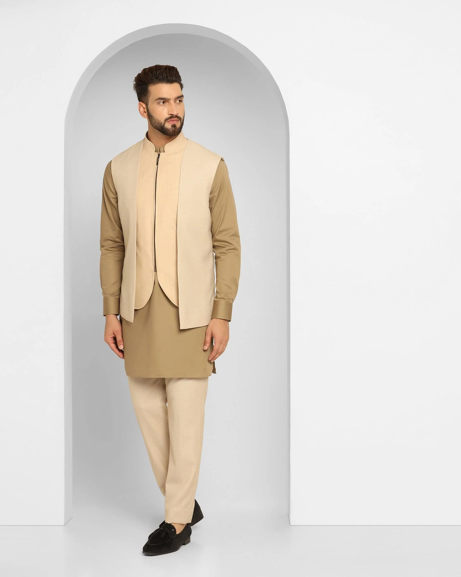 Beige Swarn Textured Achkan Set - Cosmo - Image 3