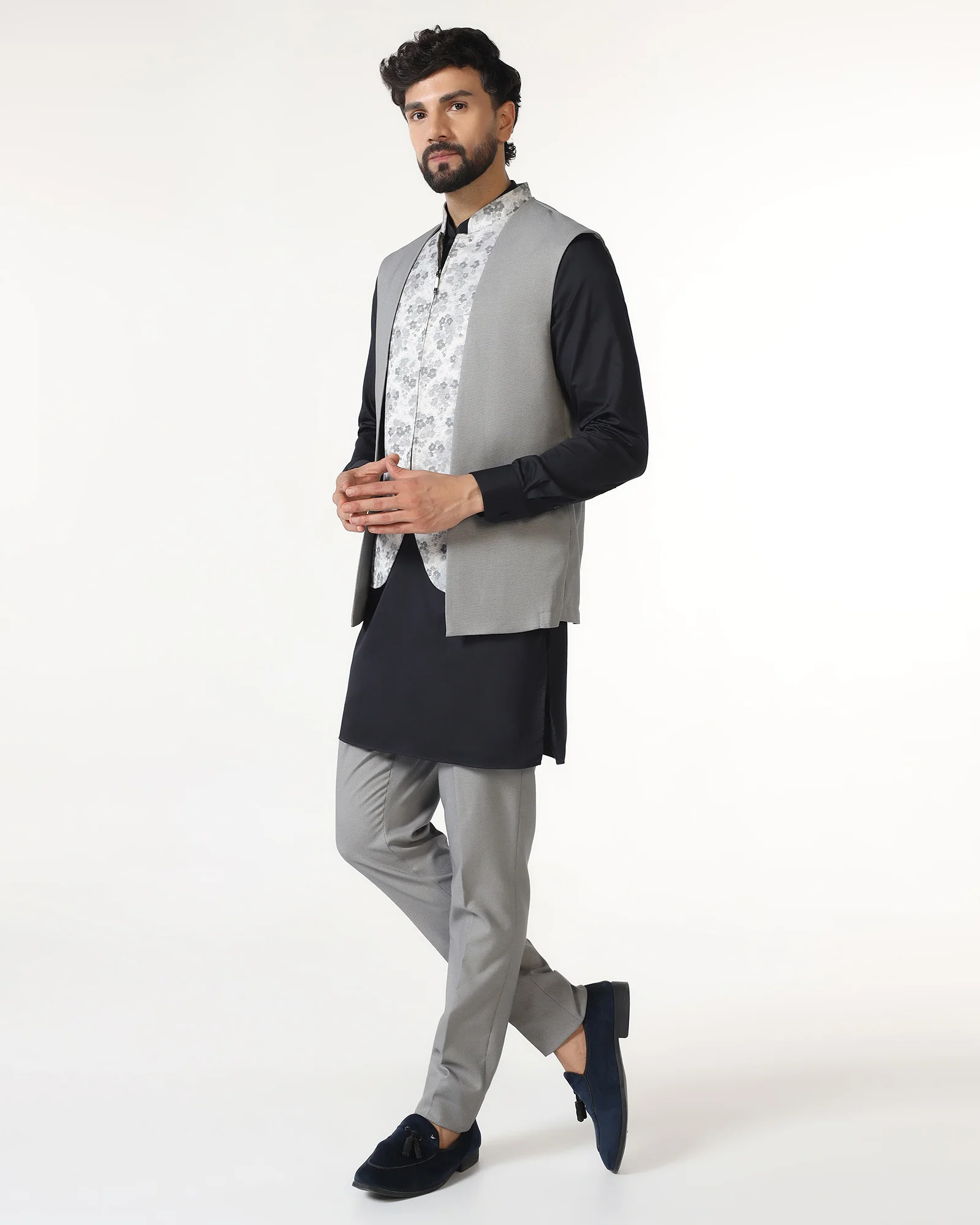 Grey Swarn Textured Achkan Set - Cortez - Image 3