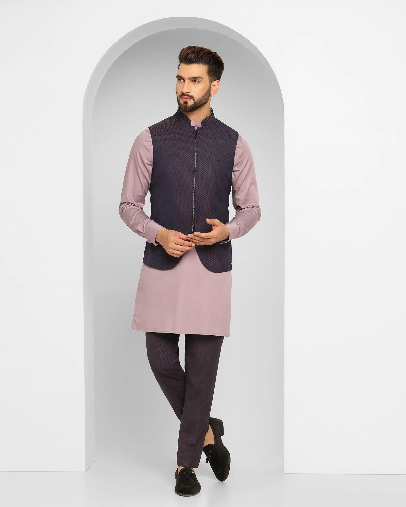 Purple Swarn Textured Achkan Set - Cosmo - Image 3