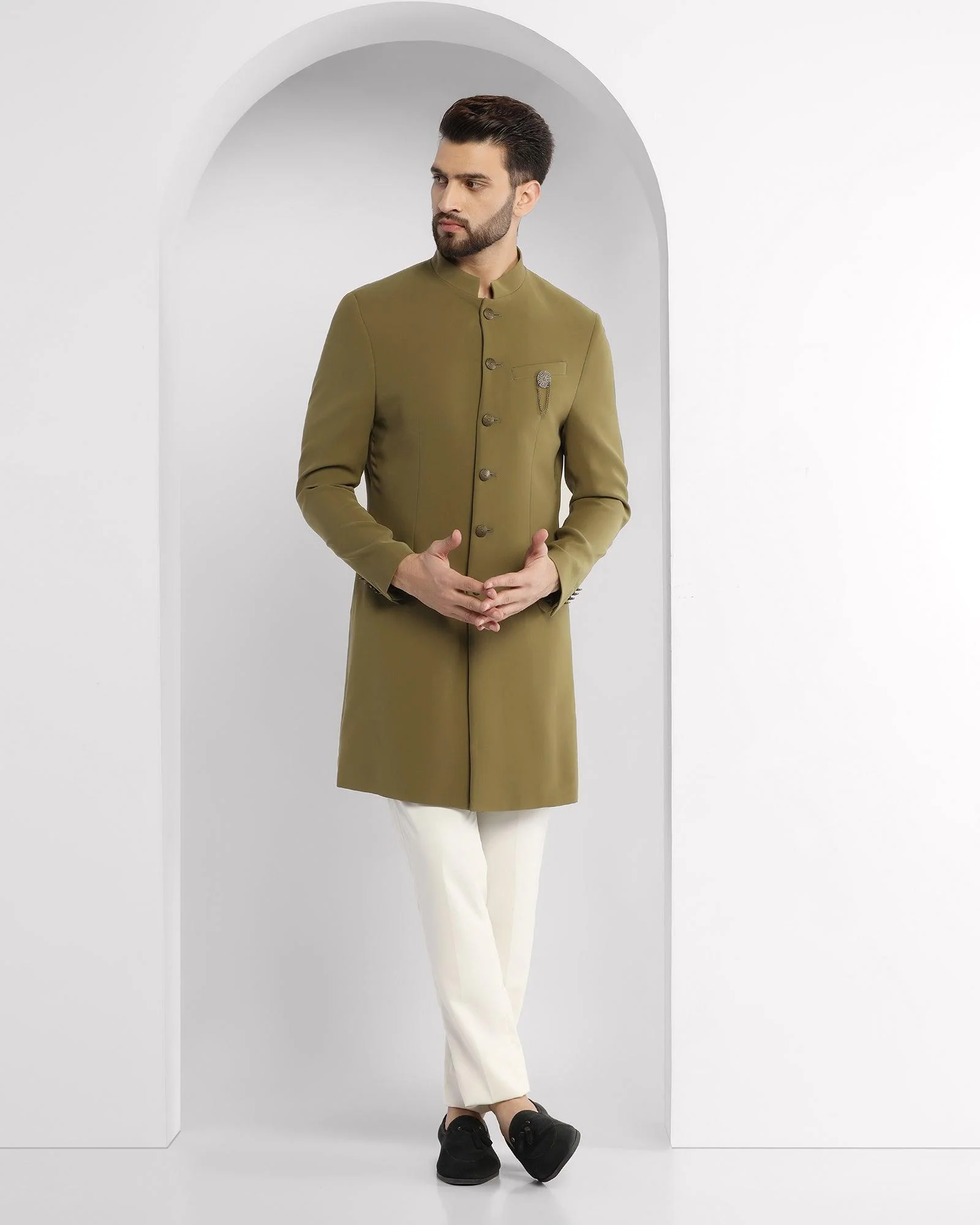 Olive Swarn Textured Achkan Set - Tren - Image 3