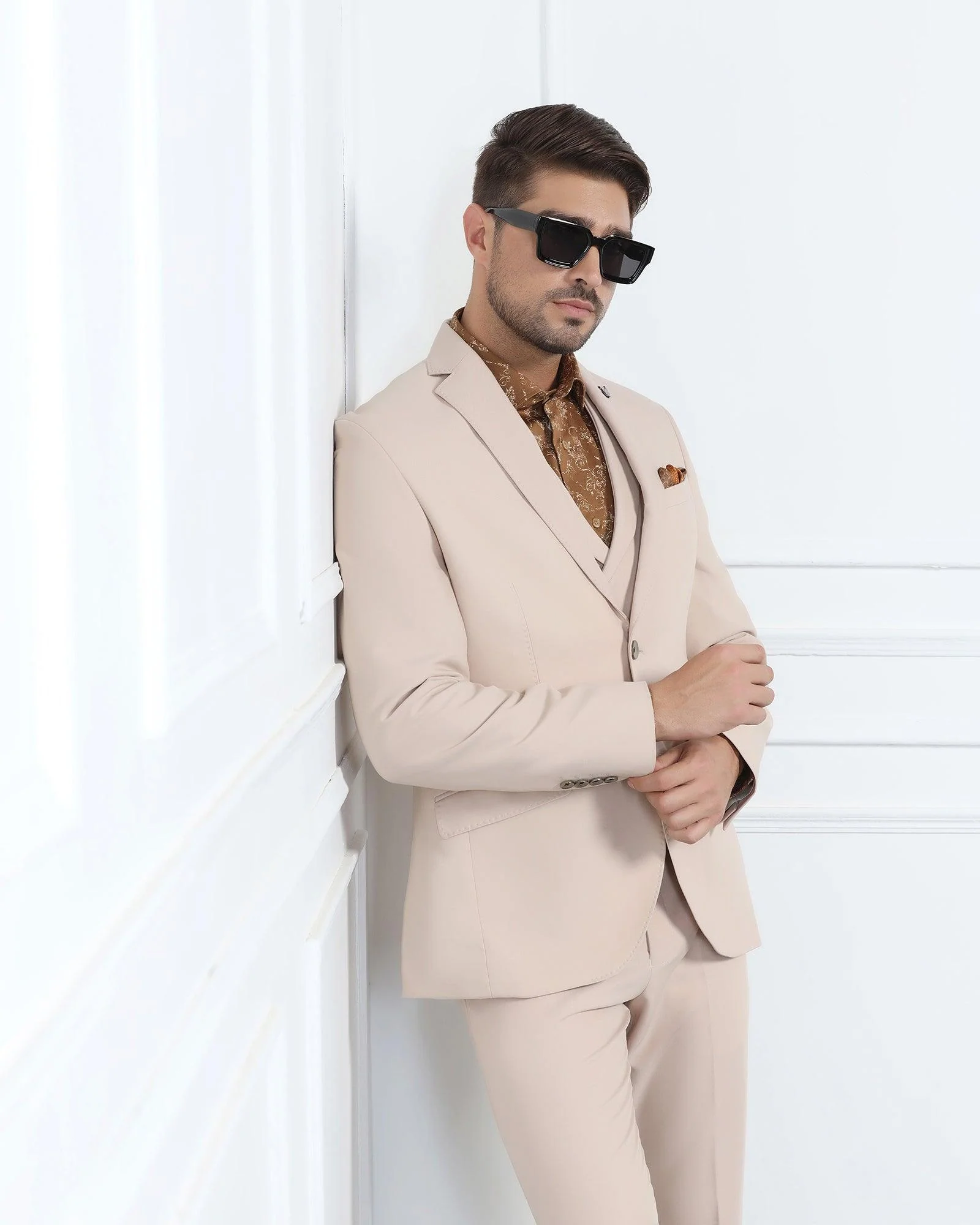 Three Piece Beige Solid Formal Suit - Randle - Image 10