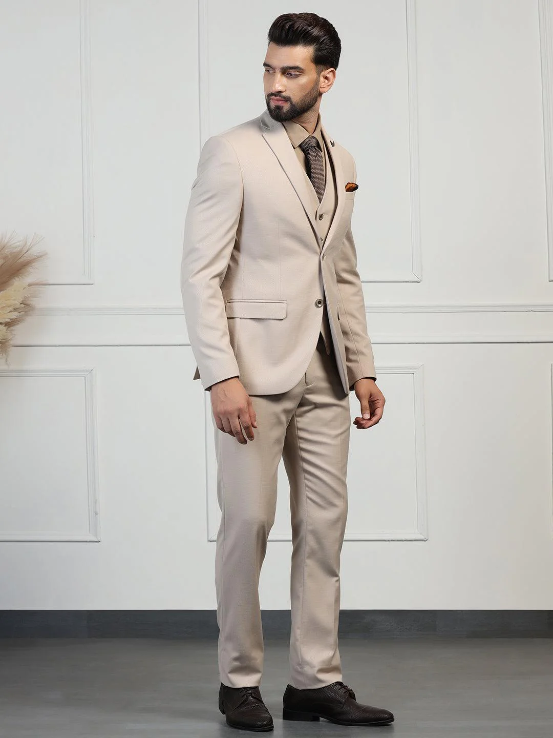 Three Piece Beige Textured Formal Suit - Zanite - Image 11