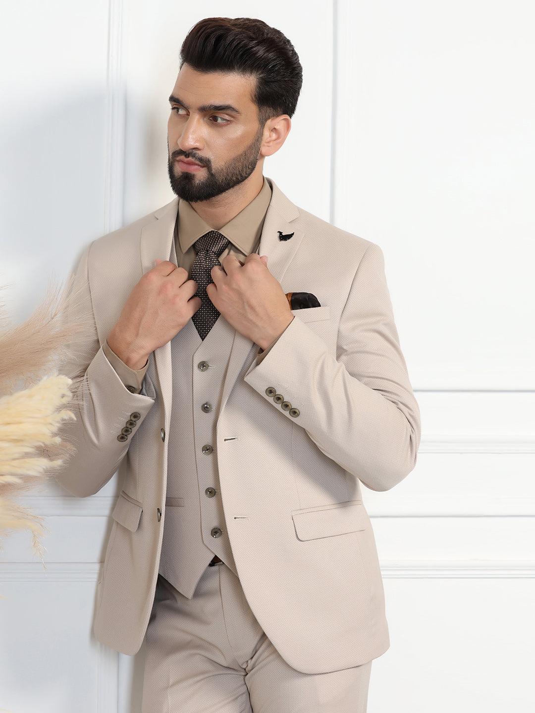 Three Piece Beige Textured Formal Suit - Zanite - Image 7