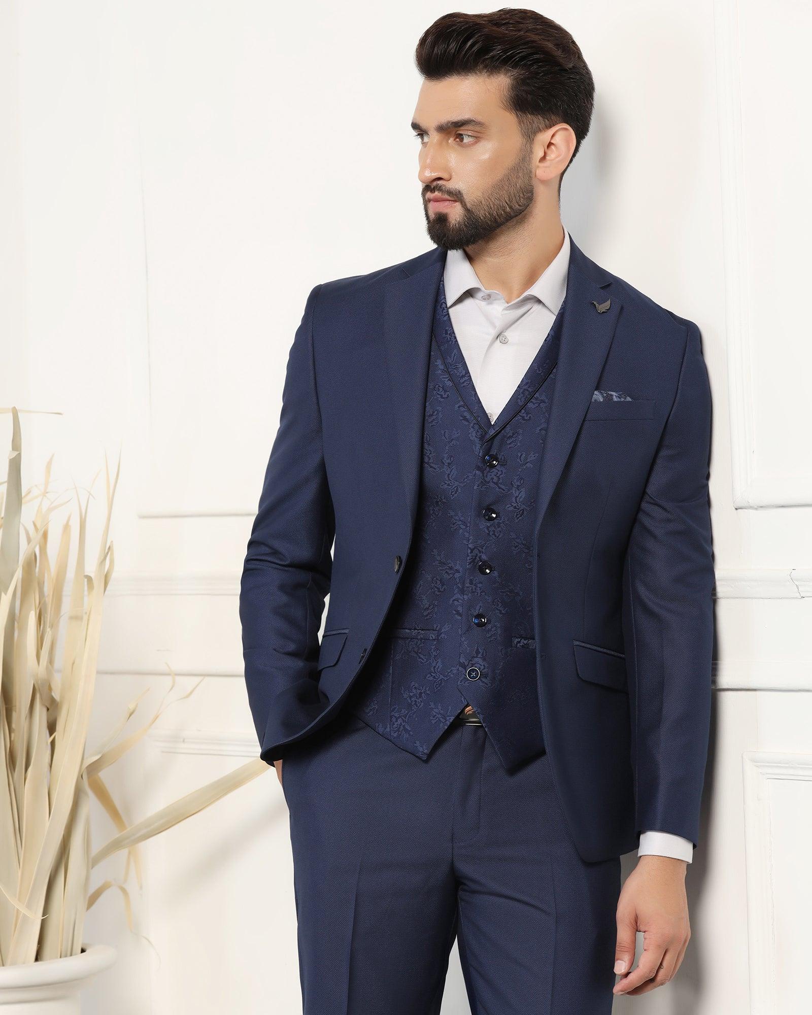 Three Piece Navy Textured Formal Suit - Norman - Image 11