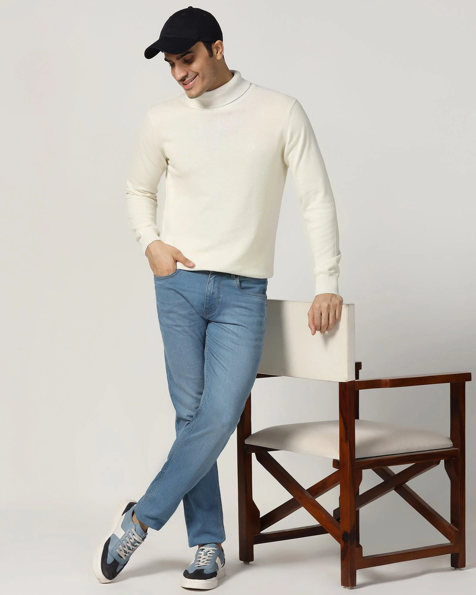 Turtle Neck Off White Solid Sweater - Lake - Image 6