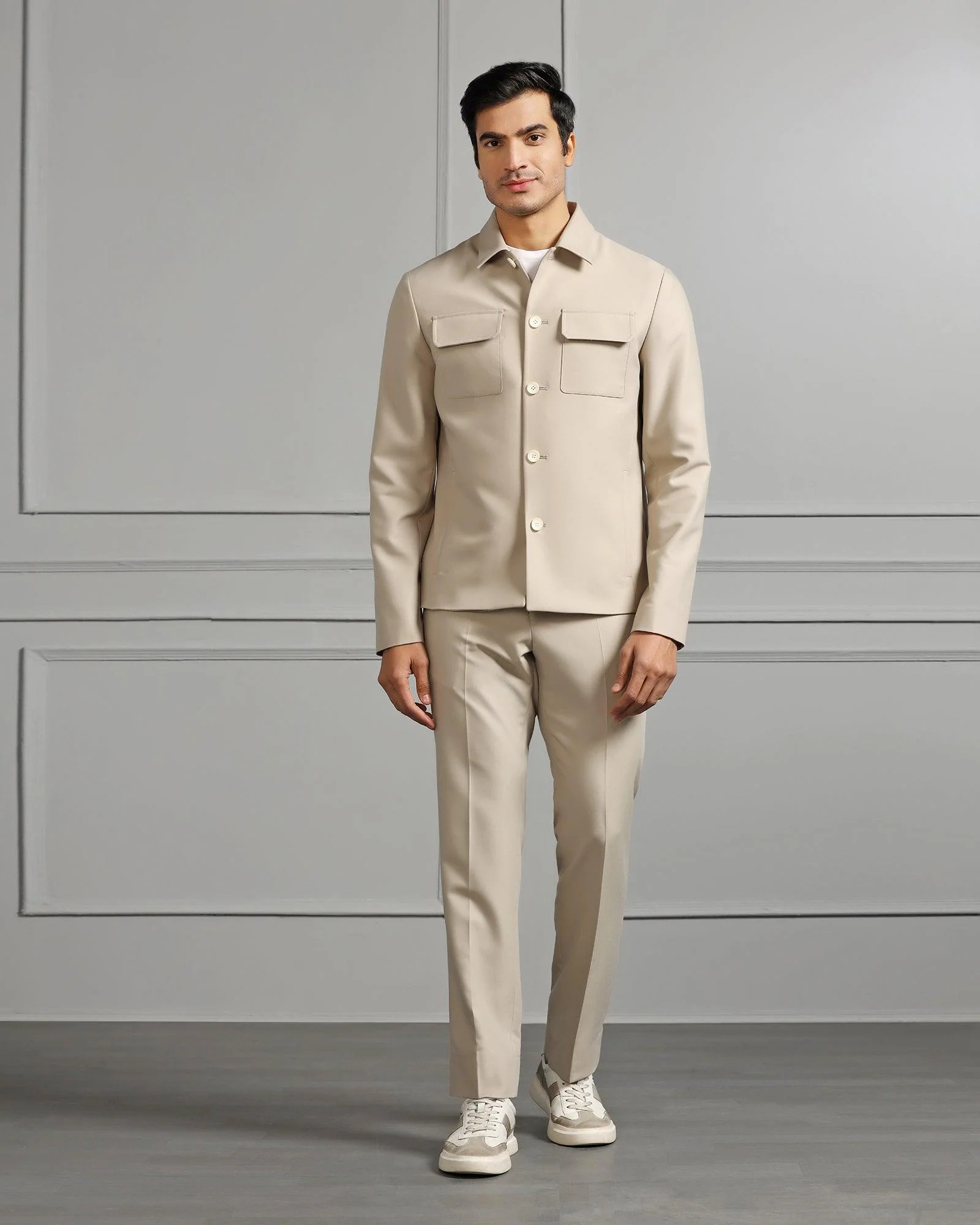Two Piece Beige Solid Formal Suit - Cordex - Image 3