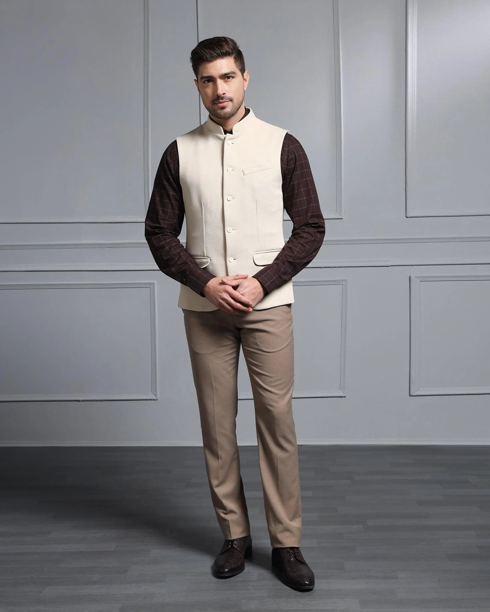 Bandhgala Formal Beige Textured Waistcoat - Cade - Image 3