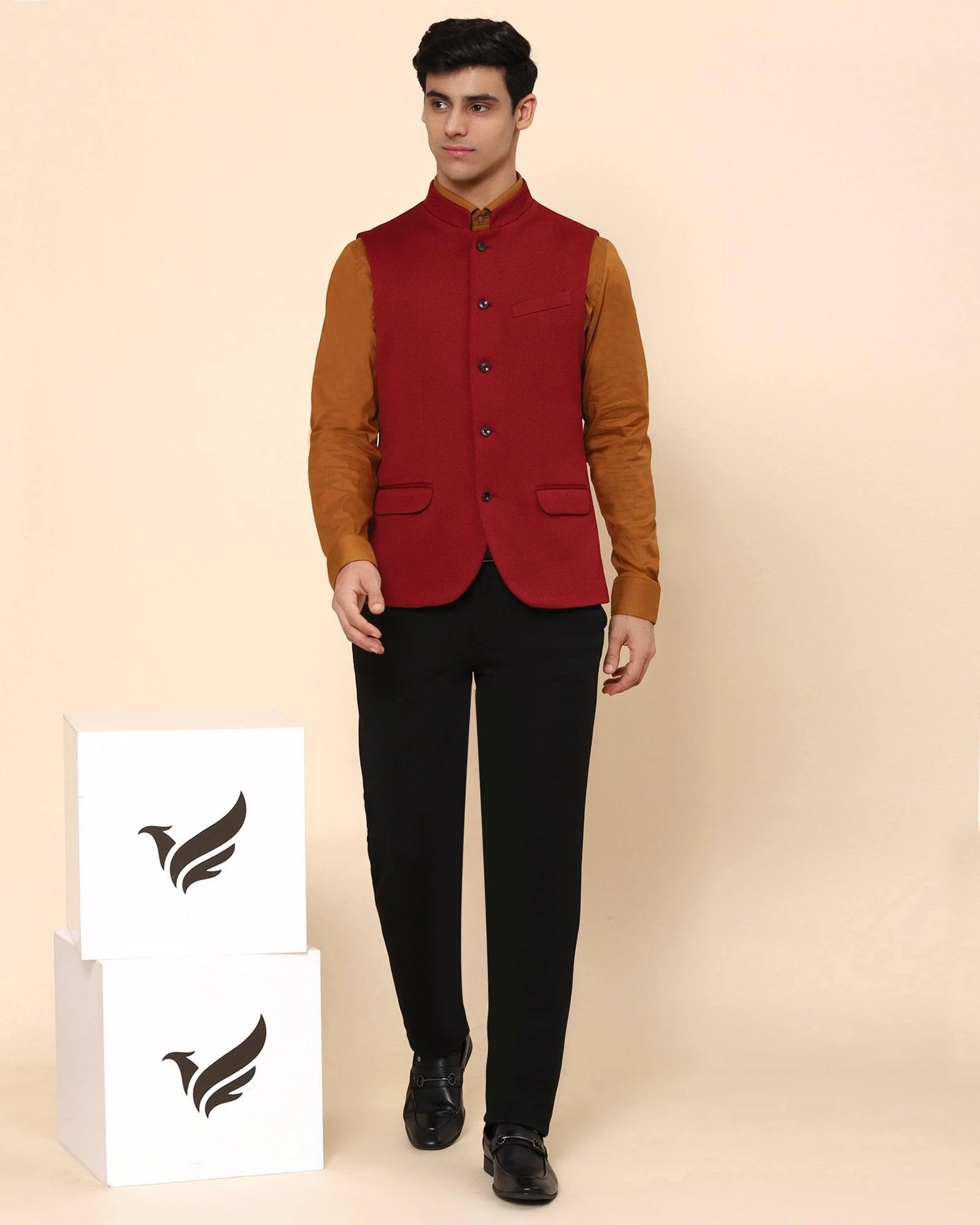 Bandhgala Formal Red Textured Waistcoat - Vann - Image 4