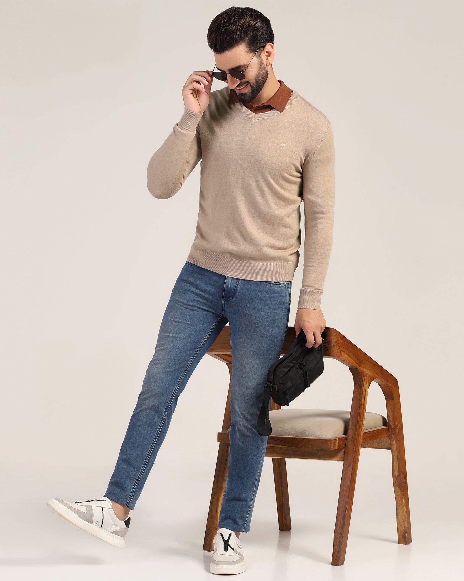 V-Neck Beige Solid Sweater - Ken - Image 6