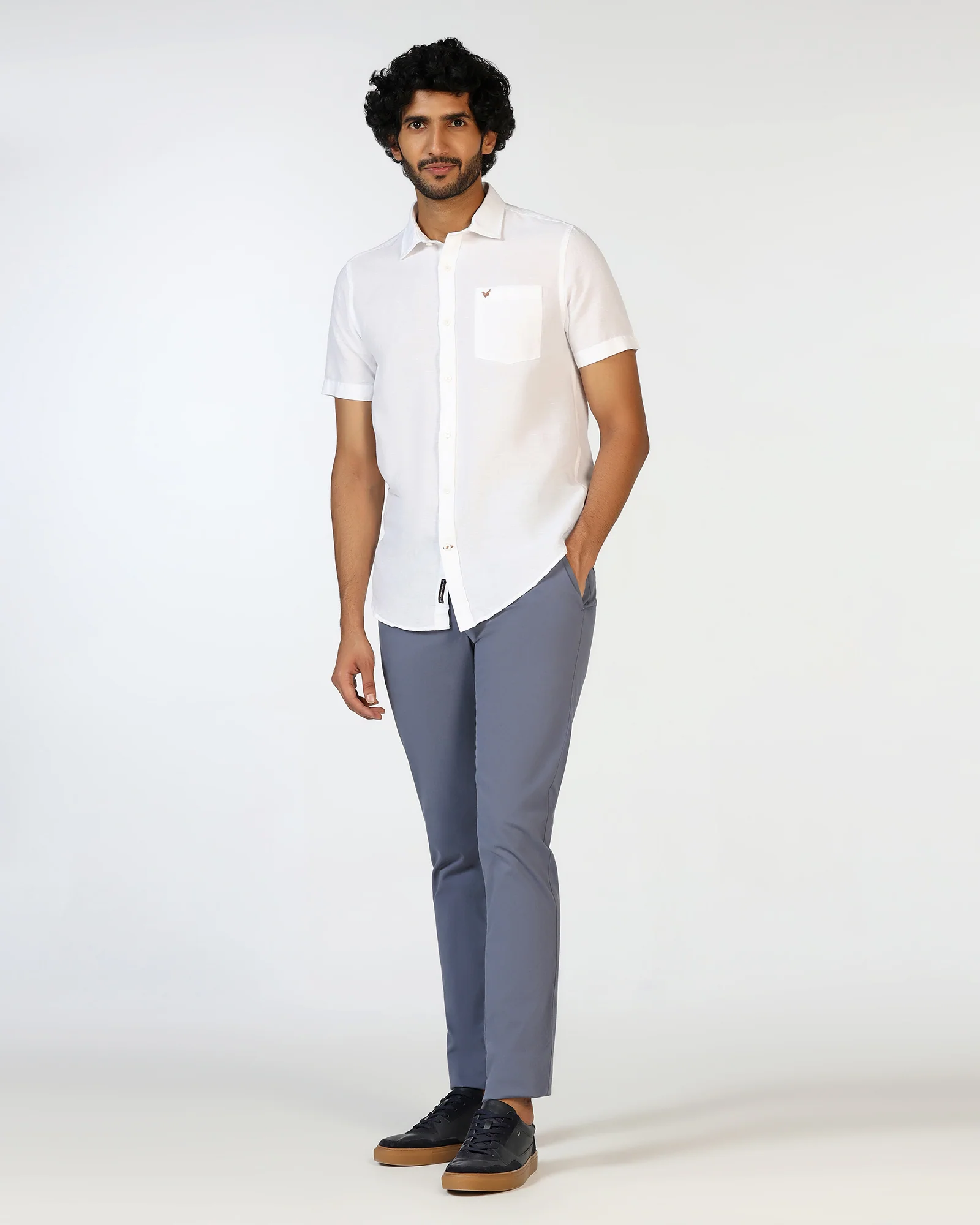 White Half Sleeve Linen Solid Shirt - Salmon - Image 3