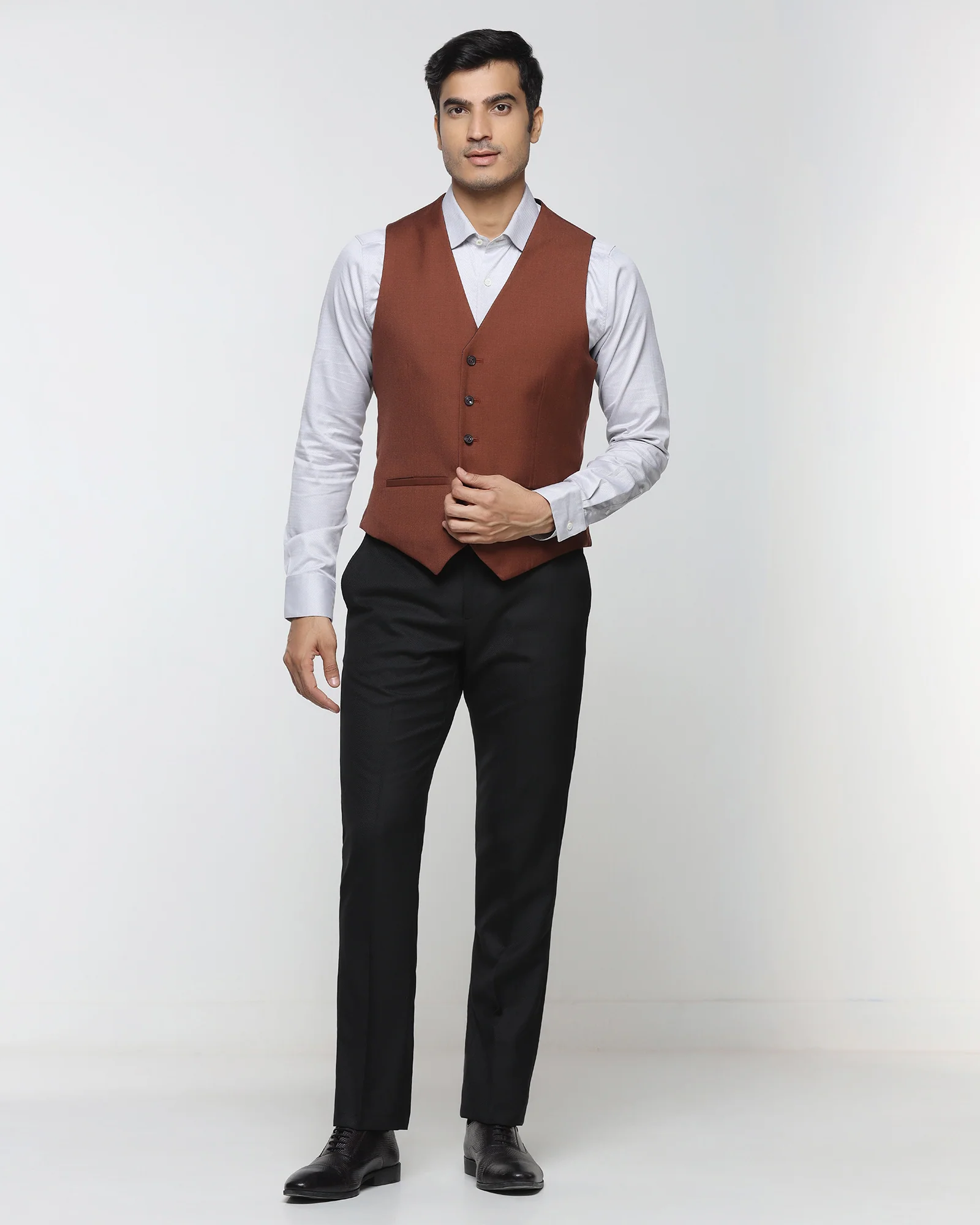 Wine V-Neck Solid Waistcoat - Oslo - Image 3