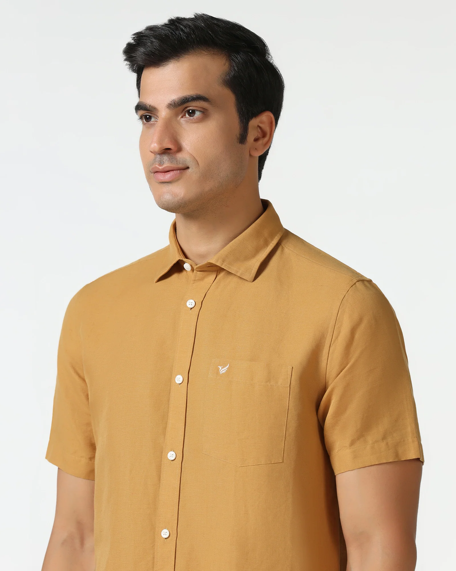 Yellow Half Sleeve Linen Solid Shirt - Salmon - Image 4